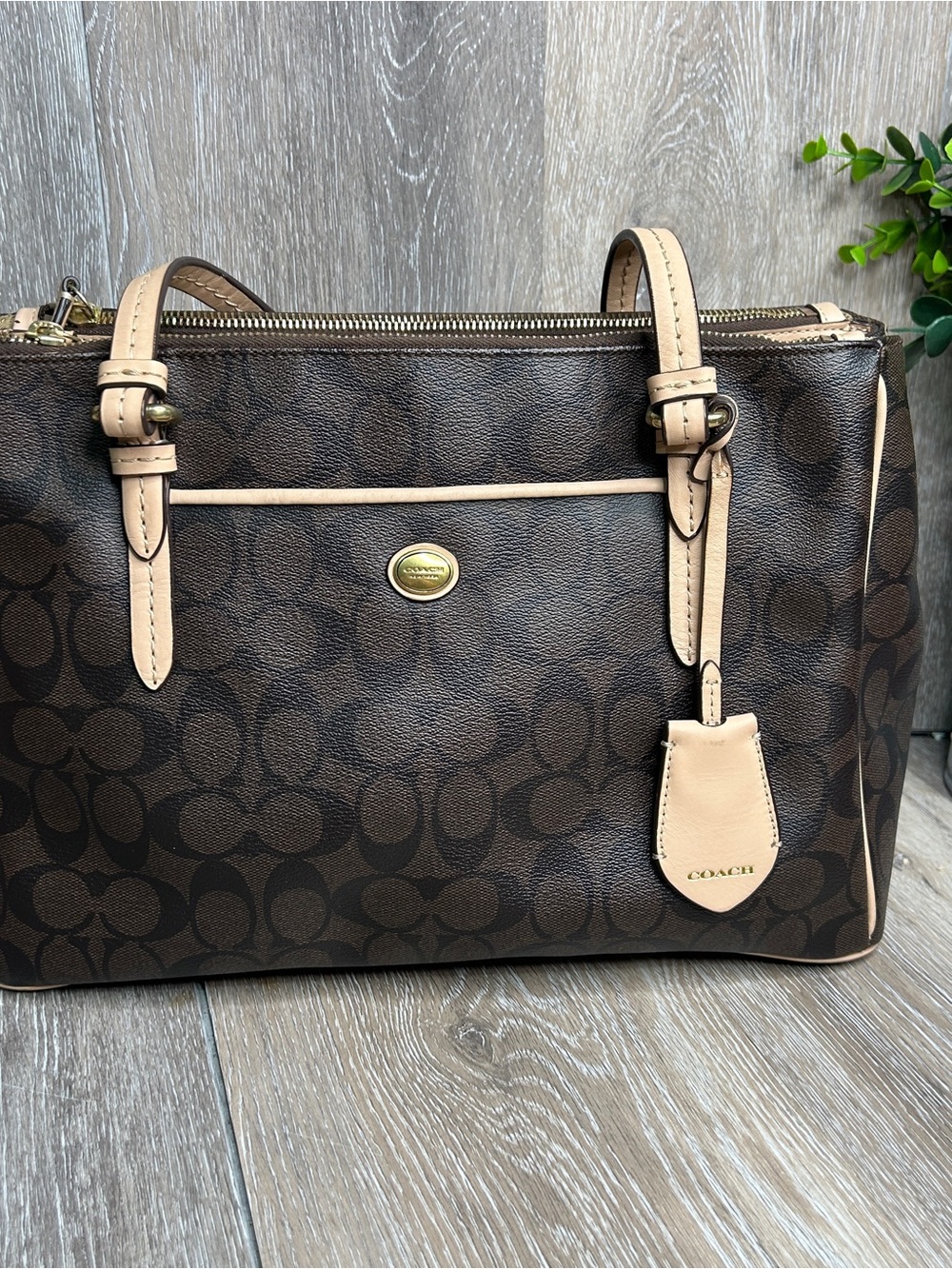 COACH Peyton Signature Jordan Double Zip Carryall Tote Bag Mahogany Brown F24603
